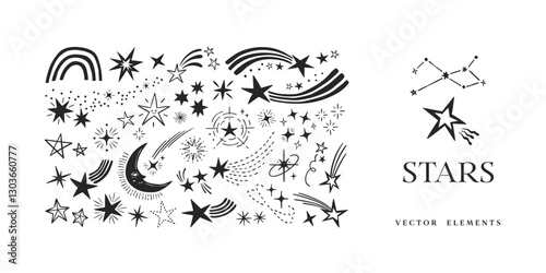 hand-drawn star doodle clipart bundle with celestial stars, shooting stars, sparkles, symbols, and moon. Star vector elements collection.