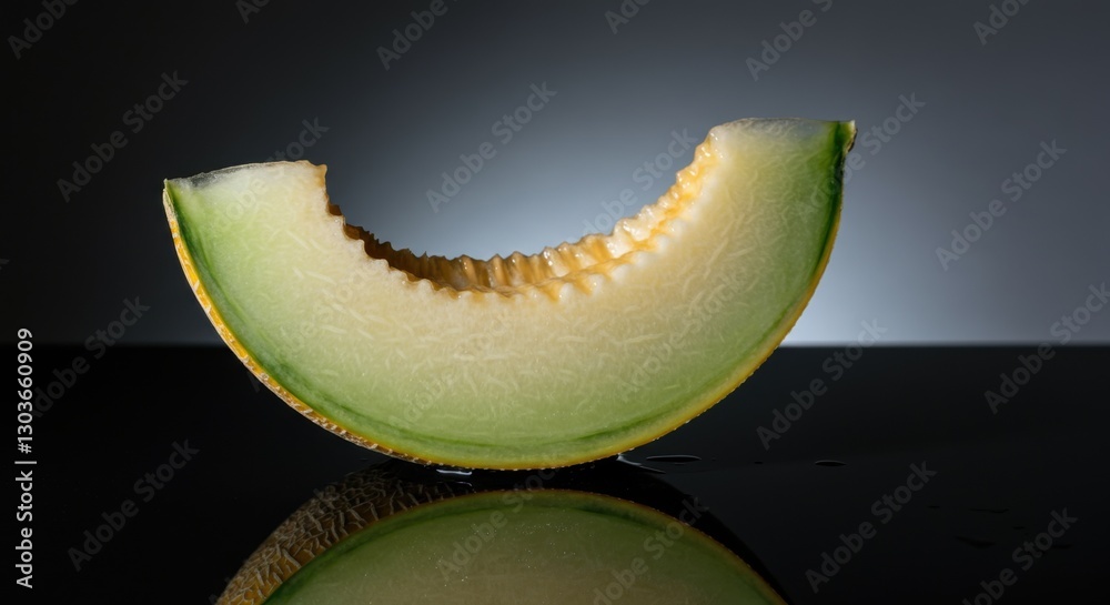Fresh honeydew melon slice with gradient lighting on reflective surface Fresh honeydew melon slice with gradient lighting on reflective surface