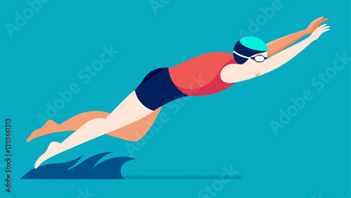Swimming A swimmer with a prosthetic leg dives into a pool creating splashes of water. The illustration showcases their strong dive and competitive spirit with swim goggles and a