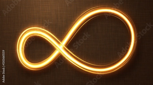 Abstract representation of infinity symbol with glowing golden light on textured brown background