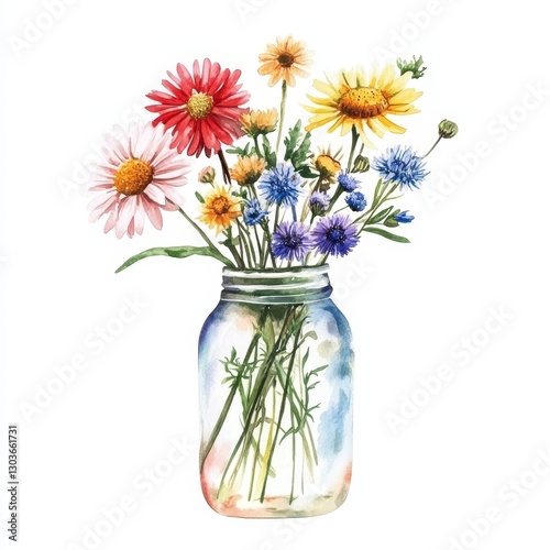 A watercolor-style digital design illustration of Wild Flowers In Jar clipart, made with watercolor inspiration