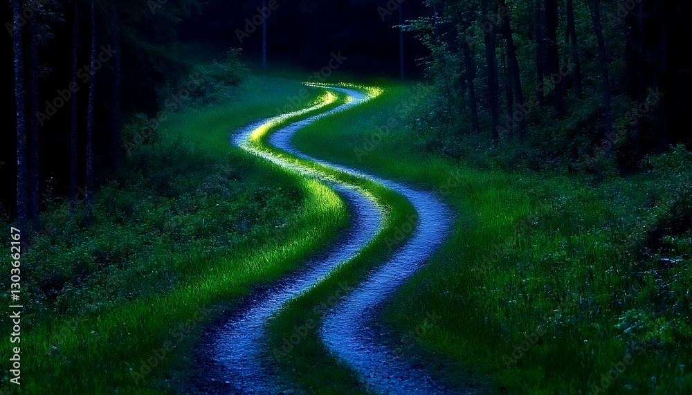 Obraz premium Winding illuminated path through forest, nature background, journey