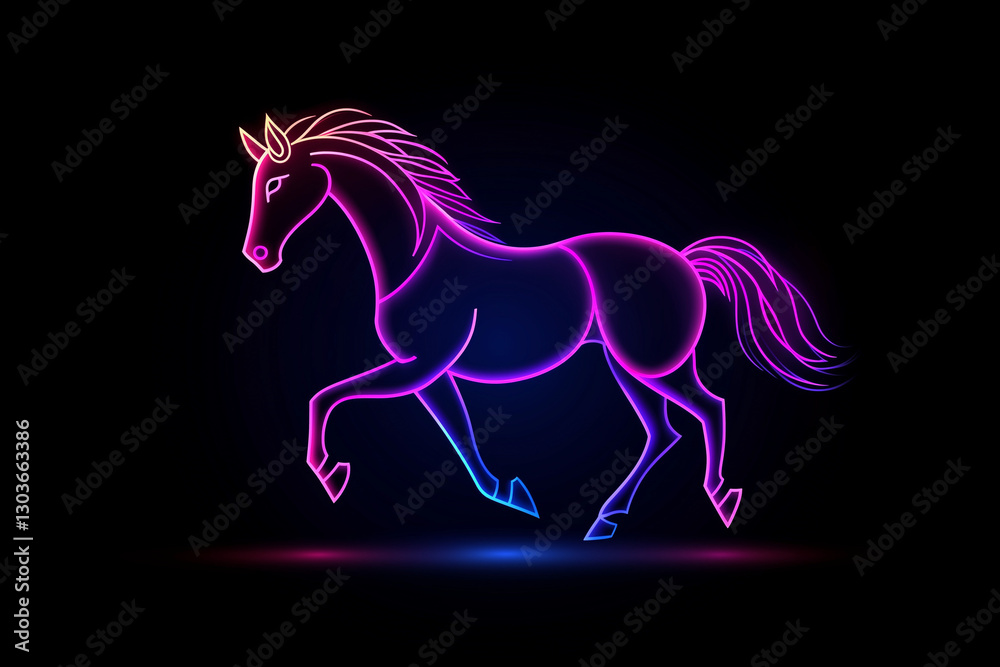 Glowing outline horse, a minimalist horse shape created with a soft neon glow, isolated on a solid background Glowing outline horse, a minimalist horse shape created with a soft neon glow, isolated on a solid background