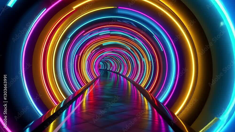 Explore an endless abstract futuristic tunnel illuminated with vibrant multicolored lights, 4K Endless abstract futuristic tunnel with multicolored neon lights background