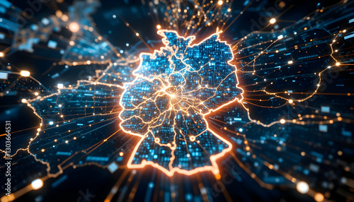 Digital Germany Map Glowing with Connection Lines and Data Points