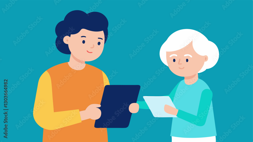 Tech and Seniors An elderly person learning how to use a tablet with a supportive younger person guiding them symbolizing bridging the generational technology gap. Tech and Seniors An elderly person learning how to use a tablet with a supportive younger person guiding them symbolizing bridging the generational technology gap.