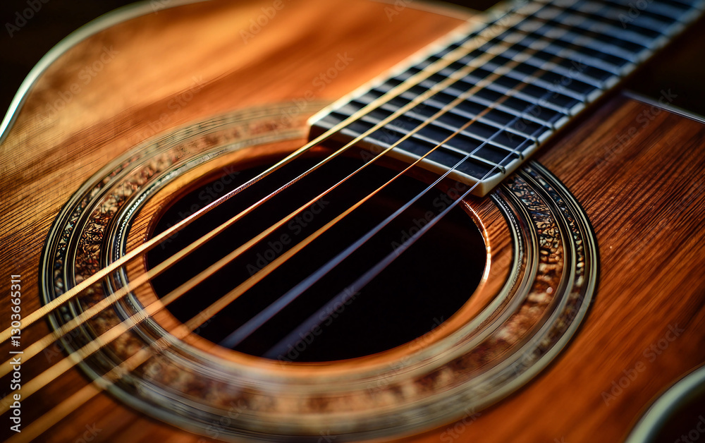 Close up of a guitar with a wooden body and a black string Close up of a guitar with a wooden body and a black string