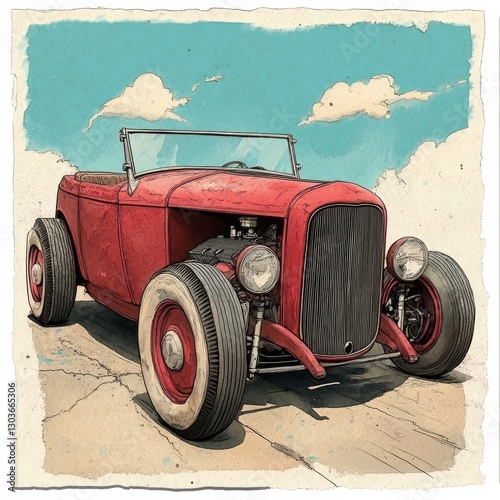 Detailed illustration of Classic Hot Rod clipart is achieved through the use of Ai watercolor art