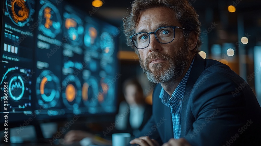 Serious Man Analyzing Data Displayed On Multiple Computer Screens Serious Man Analyzing Data Displayed On Multiple Computer Screens