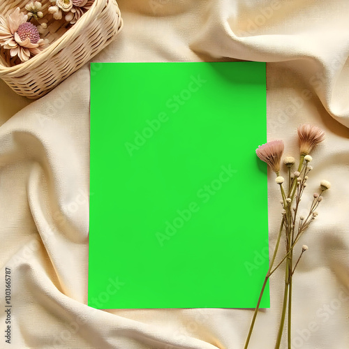 blank card with flower and basket ,card mockup on cloth background, green screen card mockup invitataion mockup card, paper mockup
