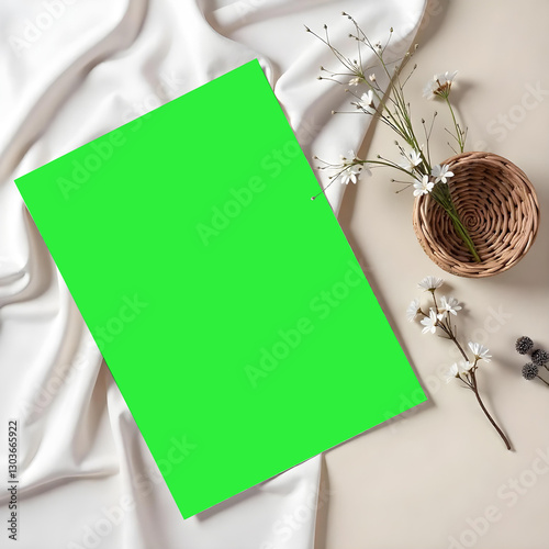 blank card with flower and basket ,card mockup on cloth background, green screen card mockup invitataion mockup card, paper mockup