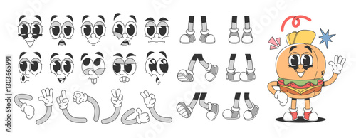 Burger cartoon anthropomorphic character with various faces emotions, feet and gesturing hands set