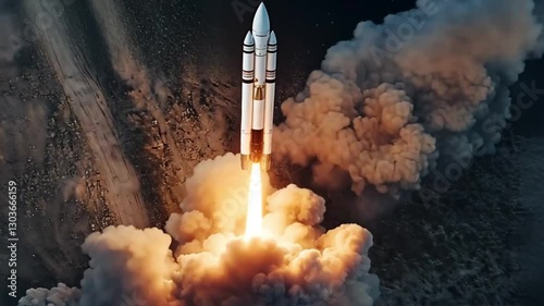 Rocket launch, aerial view, spectacular plume, desert landscape, stock image