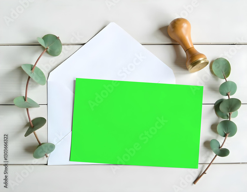 green screen card with envelope seal wax stamp and plant,card mockup, green screen card mockup, invitataion mockup card, paper mockup