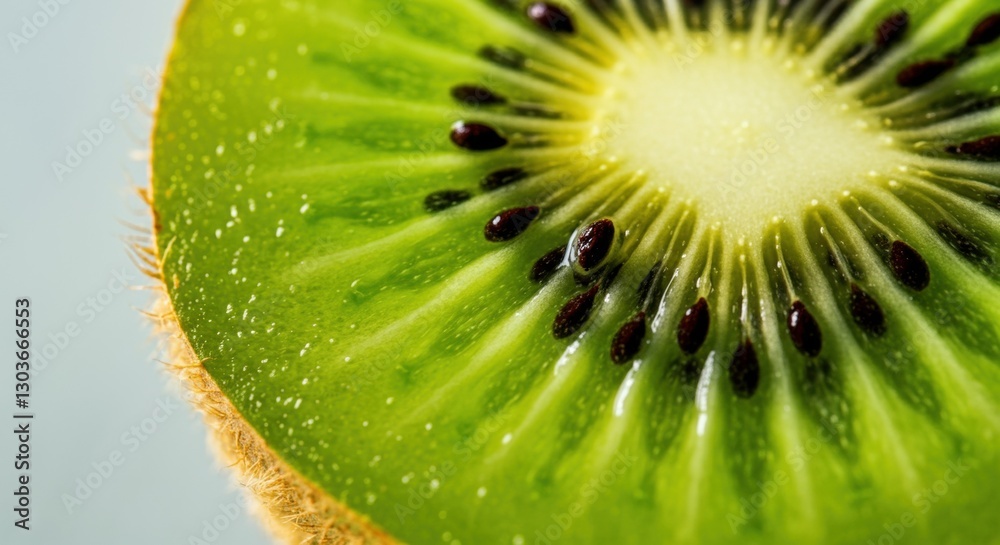 Close-up of fresh juicy kiwi slice with vibrant green flesh and black seeds Close-up of fresh juicy kiwi slice with vibrant green flesh and black seeds
