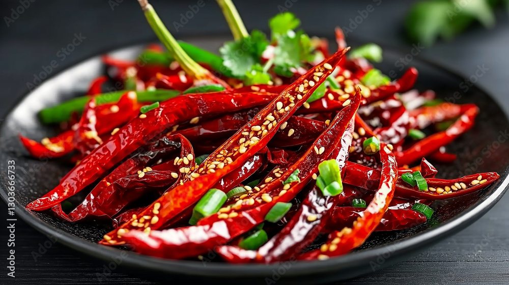 Spicy fried chili peppers garnished with sesame seeds and herbs on black plate