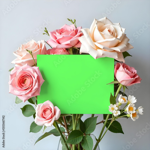 blank card mockup on flower bond, green screen card mockup invitataion mockup card, paper mockup