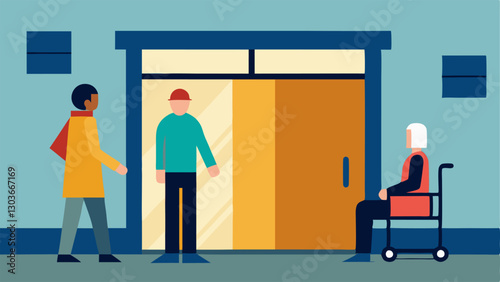 Subway Entrance with Elevators A vector scene showing a subway station entrance with clearly marked elevators a person using a wheelchair is waiting for the elevator while a