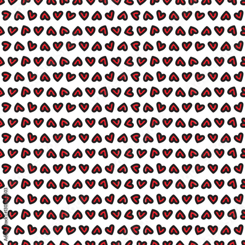 Abstract seamless pattern with tiny red hearts and black outline. Vector illustration for Valentine's Day, baby shower, birthday, wedding print. 