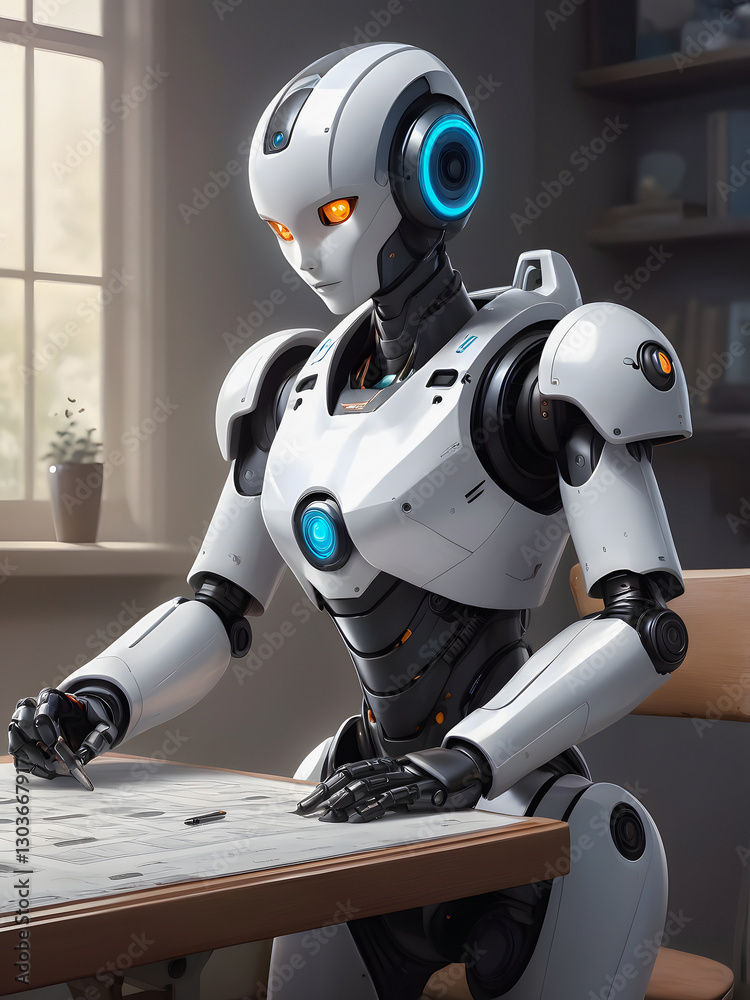 Futuristic AI Robot Drawing at Desk, Conceptual AI Design and Indoor Art Futuristic AI Robot Drawing at Desk, Conceptual AI Design and Indoor Art