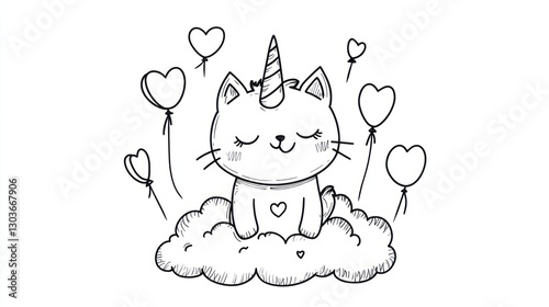 Cute unicorn cat on cloud with hearts photo