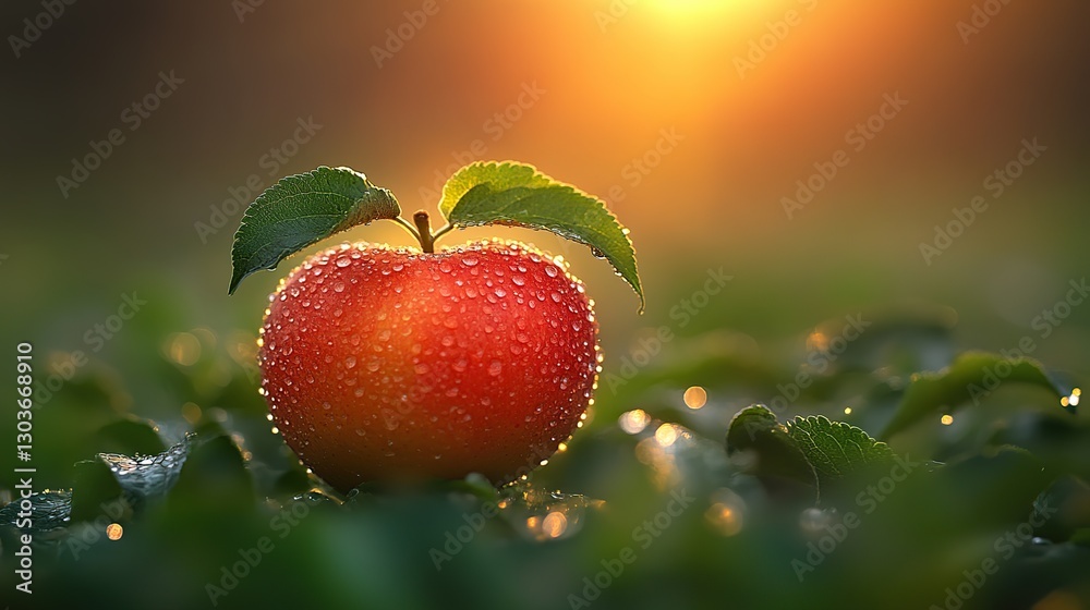 Obraz premium Dewy apple at sunrise in orchard