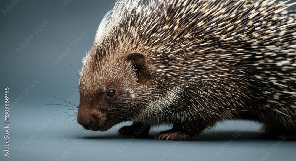 Close-up of a porcupine with quills against a soft gray background Close-up of a porcupine with quills against a soft gray background
