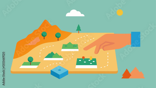 Tactile Map A 3D map made from raised materials denoting different landscapes. A persons hand gliding over the map to explore the terrain with labels in Braille.