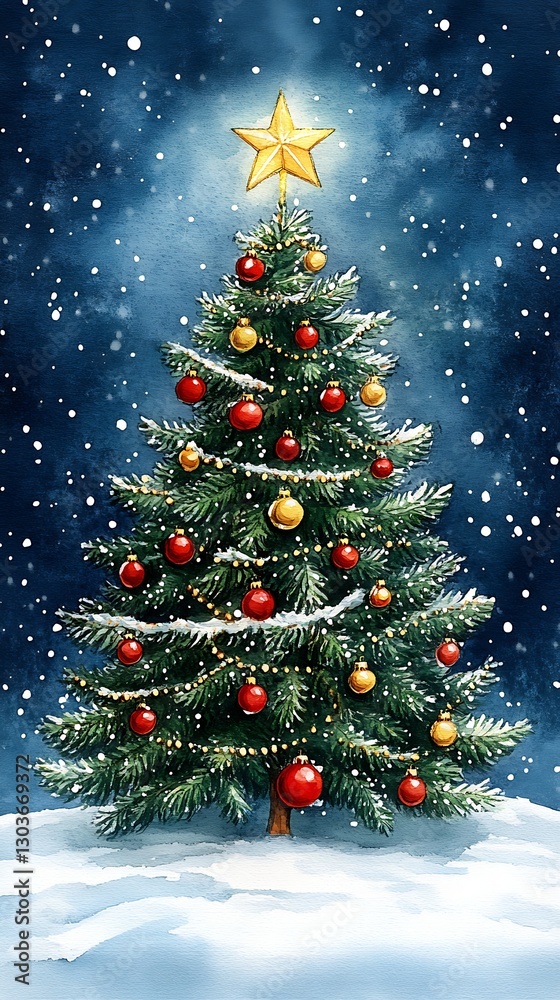 Obraz premium Decorated tree glows in snow against starry sky
