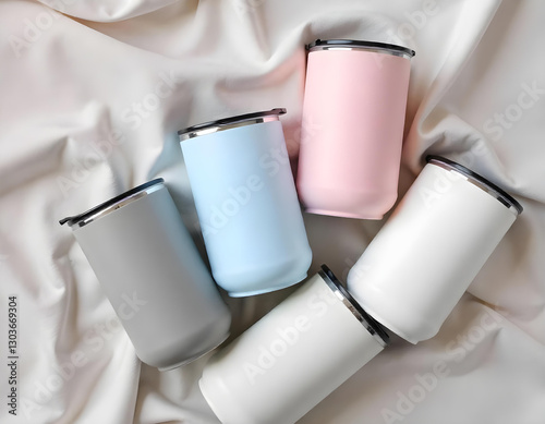 1 set of colorful coffee cup mockups, with cloth background