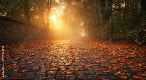 Autumn Road Covered with Leaves at Sunrise Warm Light and Fog