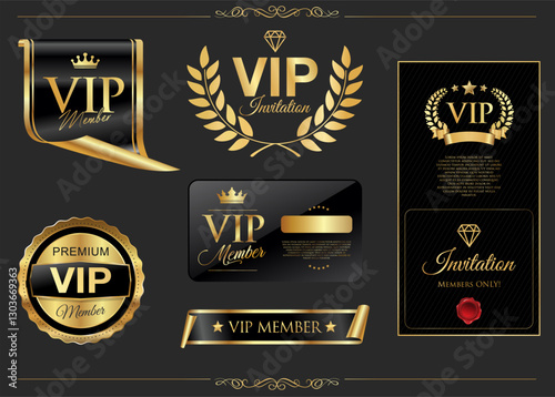 VIP invitation card, banner or flyer with golden elements on black background..eps