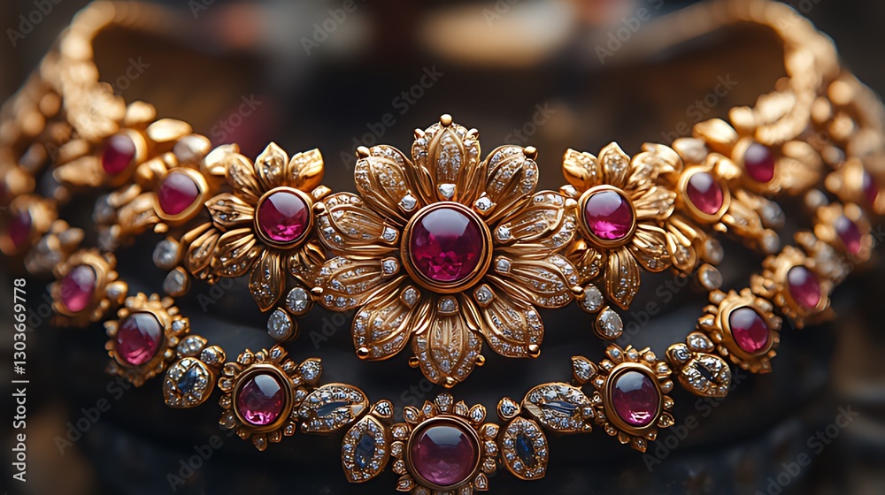 Gold necklace, ruby, diamonds, floral, workshop, close-up, jewelry, India Gold necklace, ruby, diamonds, floral, workshop, close-up, jewelry, India