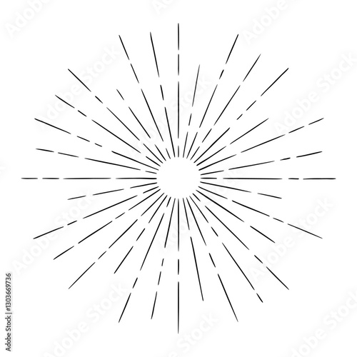 Vector hand drawn illustration of light rays, firework, sunburst. Vintage style element, round frame, isolated on white background.