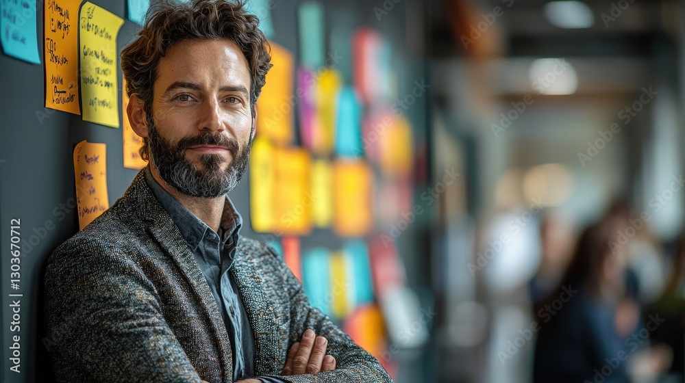 Confident man with a beard leans against a colorful wall Confident man with a beard leans against a colorful wall