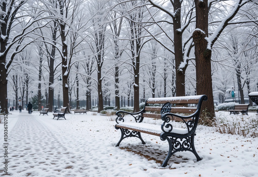 Winter Park Scene... Snow Covered Path, Bare Trees Frame The Snowy Landscape... Stillness And Serenity. Empty Benches Offer Solitude. Soft Light Highlights Textures. A Peaceful Cold Day. Winter Park Scene... Snow Covered Path, Bare Trees Frame The Snowy Landscape... Stillness And Serenity. Empty Benches Offer Solitude. Soft Light Highlights Textures. A Peaceful Cold Day.