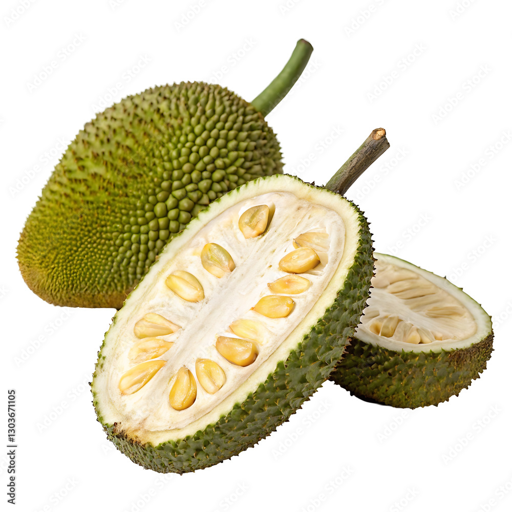 whole and halved Jackfruits isolated on white background whole and halved Jackfruits isolated on white background