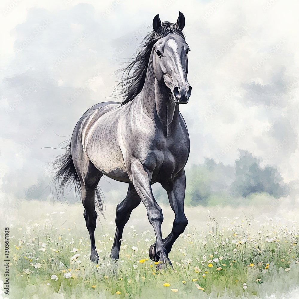 Fototapeta premium Wild Horses on Meadow clipart is a watercolor illustration that has been digitally designed in a watercolor style