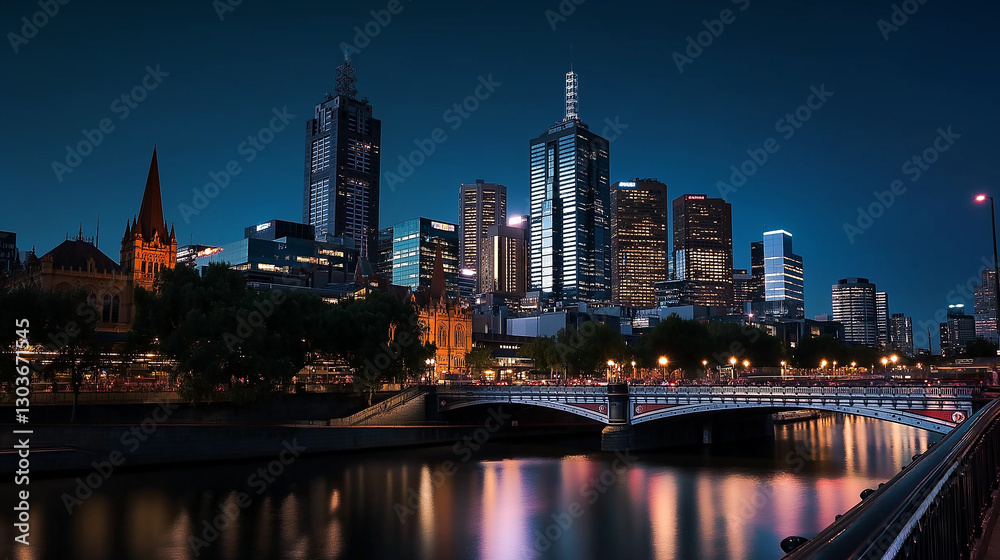 Fototapeta premium Melbourne skyline reflecting on yarra river at dusk