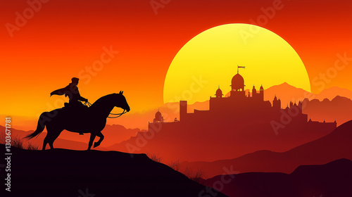 Horseman riding towards majestic palace at sunset in a desert landscape