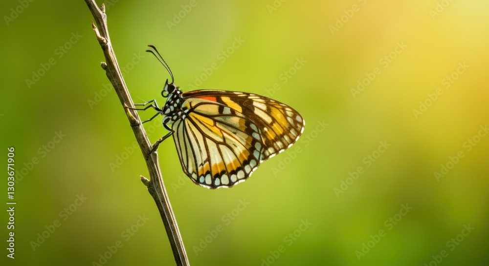 Monarch butterfly perched on branch in sunlit green background Monarch butterfly perched on branch in sunlit green background