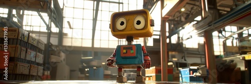 Colorful vintage robot in industrial warehouse setting