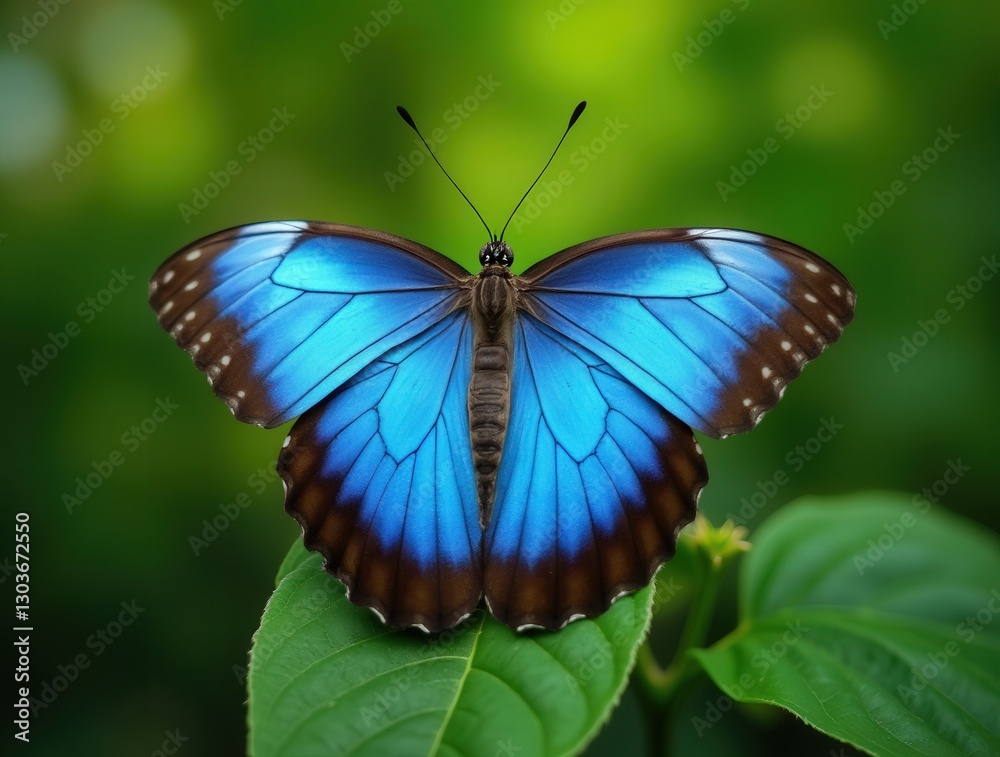 Obraz premium Blue Butterfly on Green Leaf