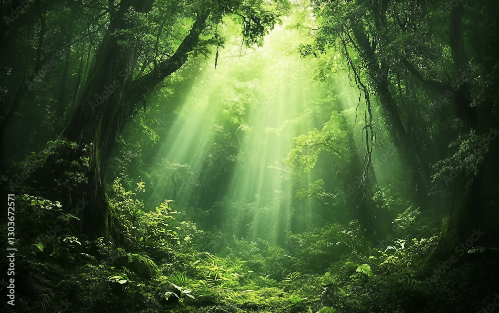 Obraz premium Forest with sunlight shining through the trees