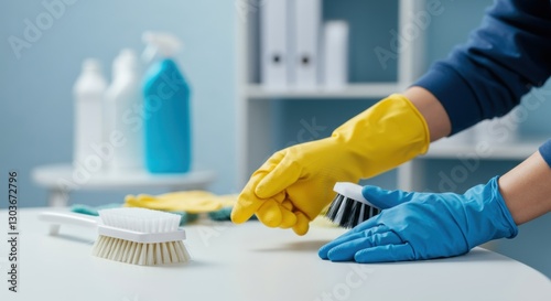 Close-up of hands in gloves cleaning with brushes and cleaning supplies on desk
