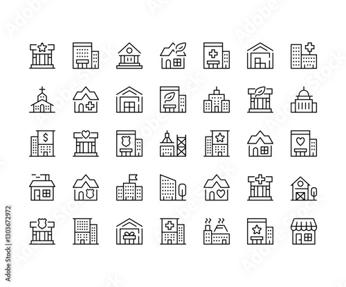 Buildings icons. Outline symbols collection. Premium vector line icons set