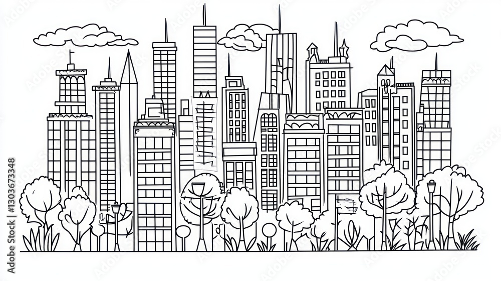 Line art cityscape with trees and park, urban landscape background image, possible use for illustrations, design, print Line art cityscape with trees and park, urban landscape background image, possible use for illustrations, design, print