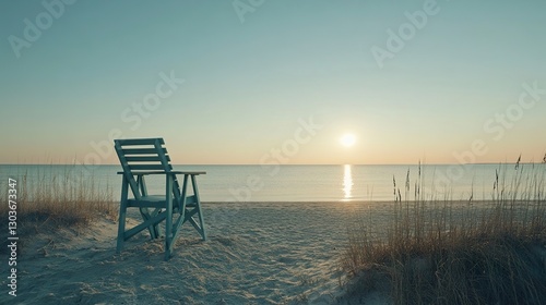 A wide shot of a lifeguard chair overlooking a calm beach, with no one in sight and the sun setting on the horizon.
