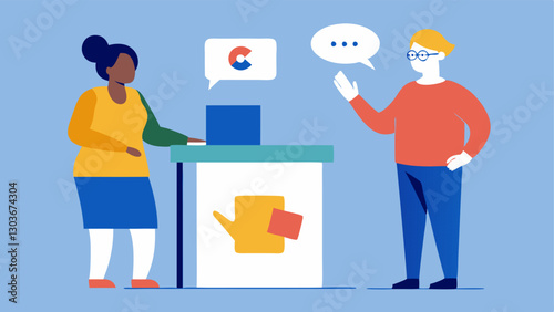 Support for Sign Language An image of a voting booth where a poll worker is using sign language to assist a voter emphasizing inclusivity and communication accessibility.