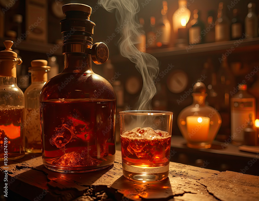 Fermented essence in amber glass bottle with airlock, set in an apothecary cellar ambiance.